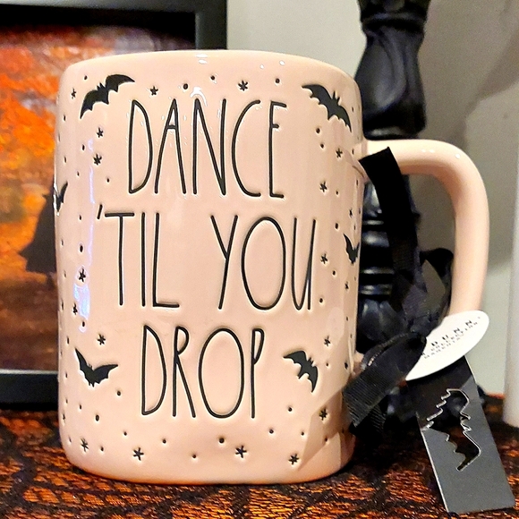 🎉HP🎉 Rae Dunn "Dance 'Til You Drop" Skeleton & Bats Baby Pink Glossy Mug NWT - Picture 2 of 8